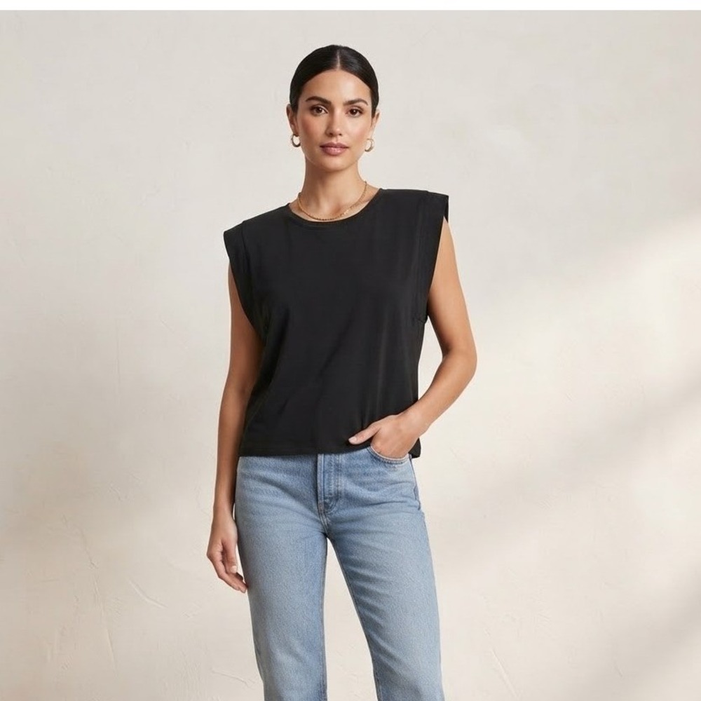 Miou Muse Women Top XL Black Muscle Tee Padded Shoulder T2524